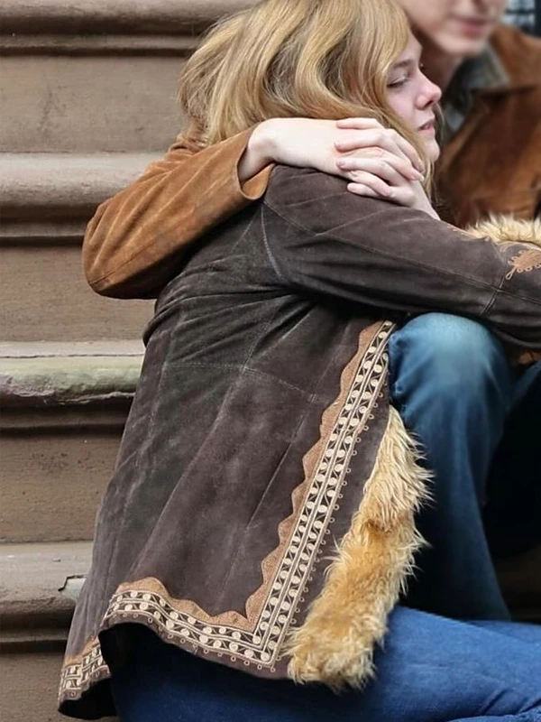 Elle Fanning A Complete Unknown Brown Fur Suede Jacket