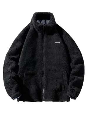 Letter Patched Fur Zip-Up Teddy Jacket