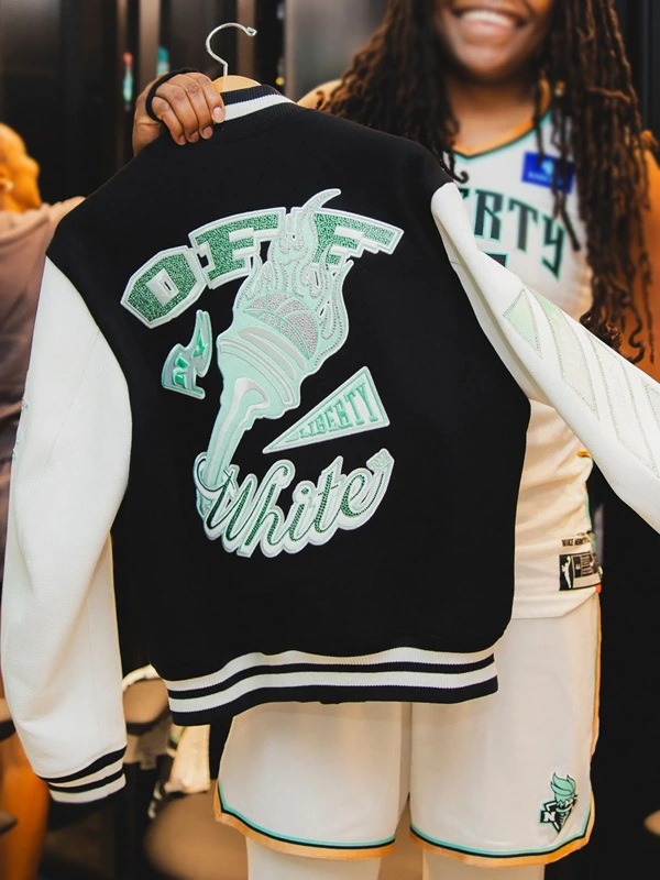 New York Liberty WNBA Off White Black White Varsity Jacket
