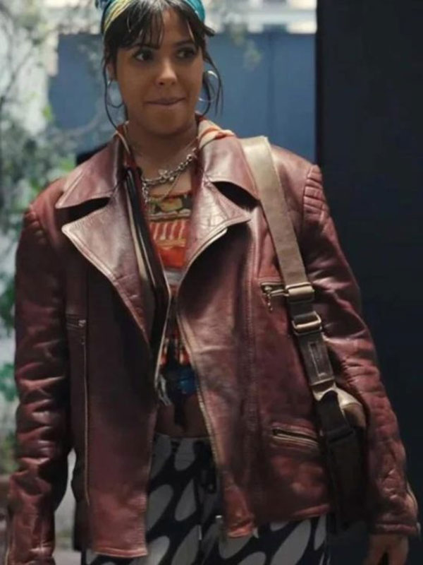2024 Zita Hanrot Paloma Castel Maroon Leather Jacket