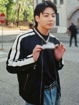 3D Jung Kook White Stripes Black Bomber Jacket