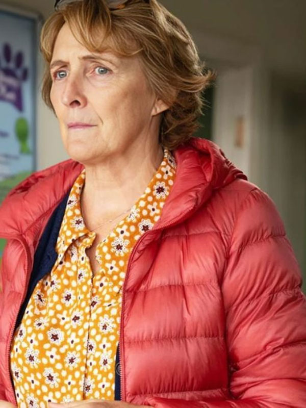 Bad Sisters S02 Fiona Shaw Red Puffer Jacket