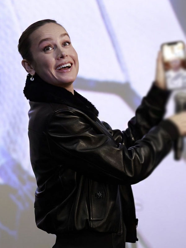 Brie Larson The Marvels Screening Black Leather Jacket