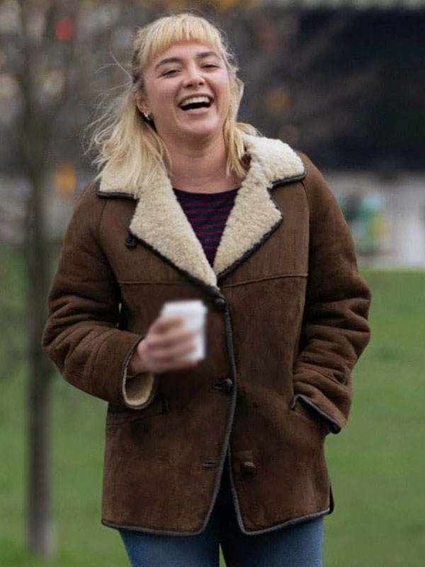 Florence Pugh We Live in Time Brown Shearling Jacket