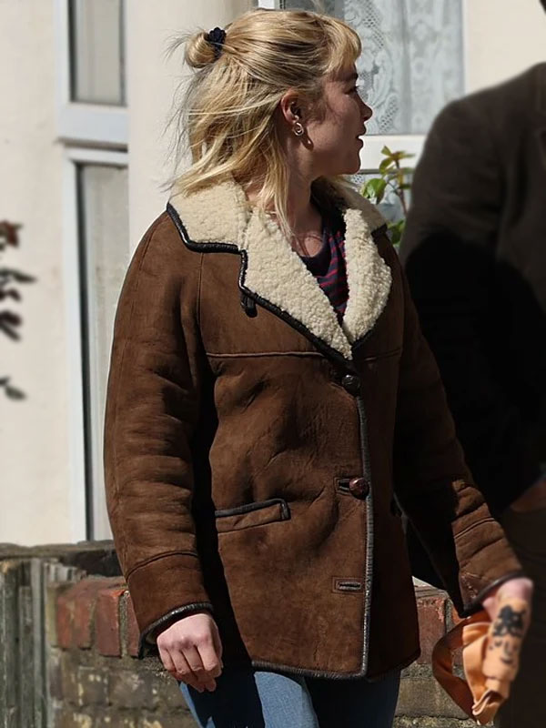 Florence Pugh We Live in Time Brown Shearling Jacket