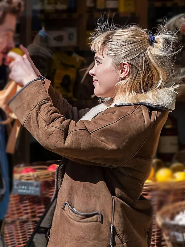 Florence Pugh We Live in Time Brown Shearling Jacket