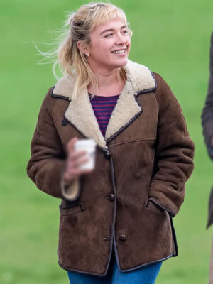 Florence Pugh We Live in Time Brown Shearling Jacket