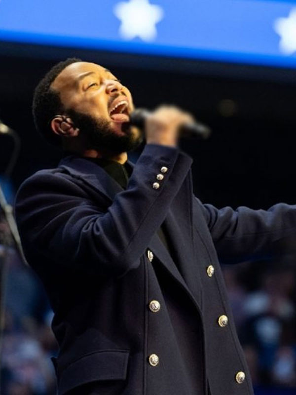 John Legend 2024 Harris Walz Rally Blue Trench Coat