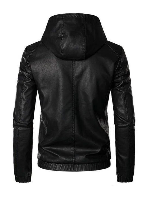 Man’s Motor Biker Hooded Black Leather Jacket