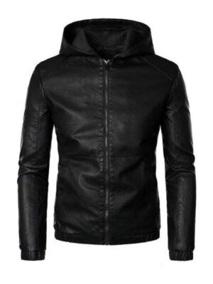 Man’s Motor Biker Hooded Black Leather Jacket
