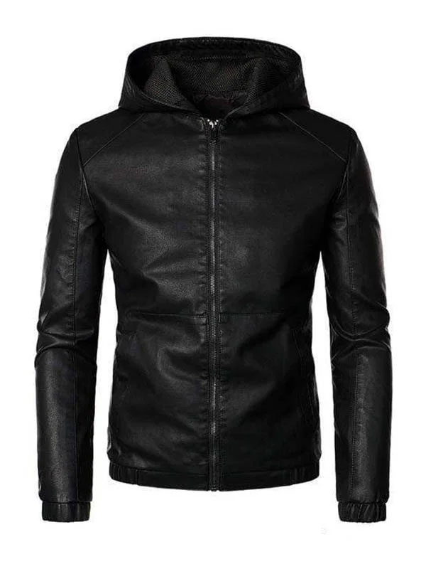 Man’s Motor Biker Hooded Black Leather Jacket