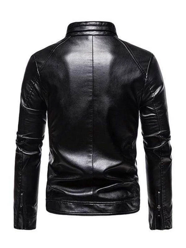 Men’s Black Biker Stand Collar Leather Jacket