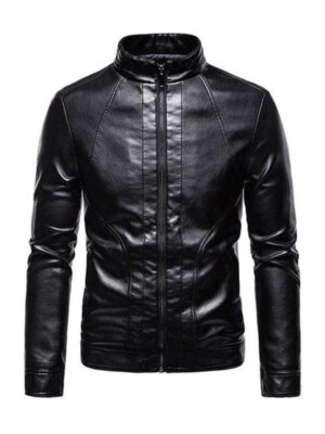 Men’s Black Biker Stand Collar Leather Jacket