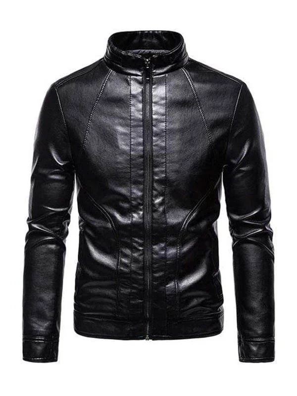 Men’s Black Biker Stand Collar Leather Jacket