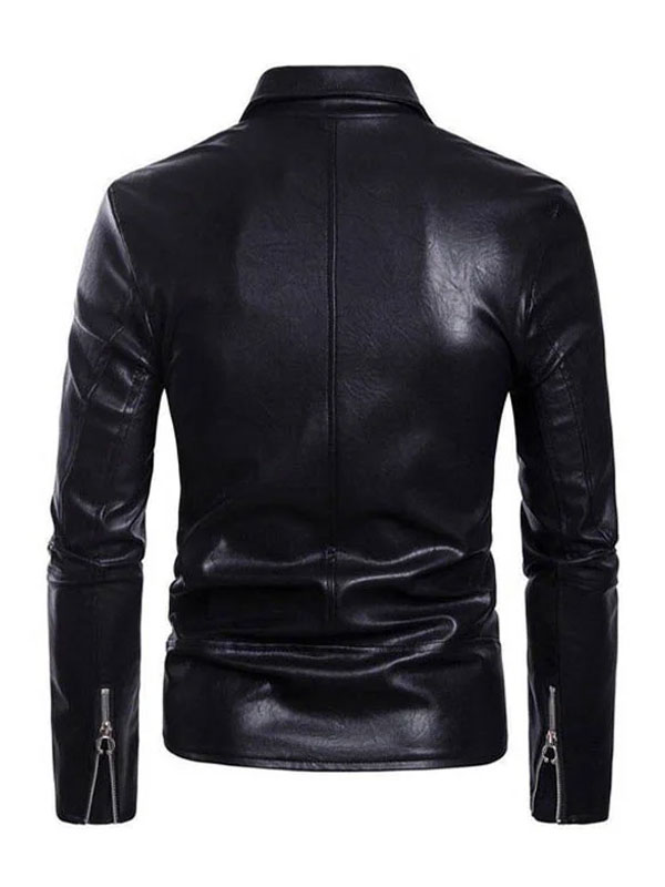 Men’s Black Motorcycle Lapel Collar Leather Jacket