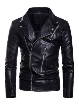 Men’s Black Motorcycle Lapel Collar Leather Jacket