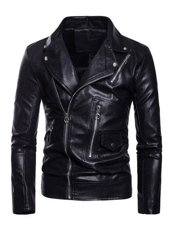 Men’s Black Motorcycle Lapel Collar Leather Jacket