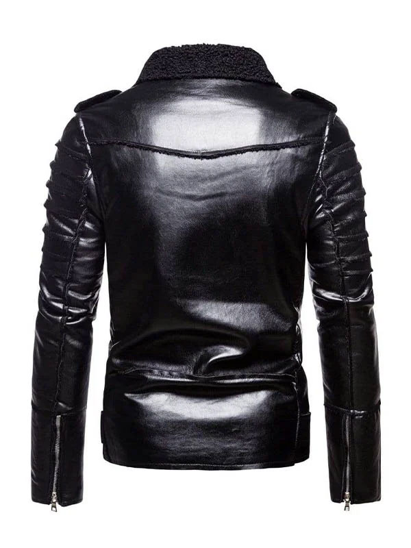 Men’s Lapel Shearling Collar Biker Leather Jacket