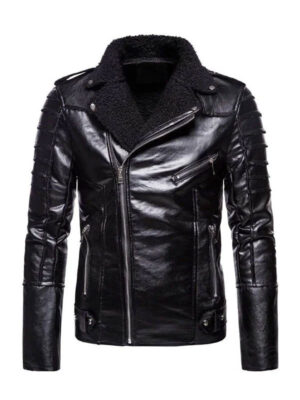 Men’s Lapel Shearling Collar Biker Leather Jacket
