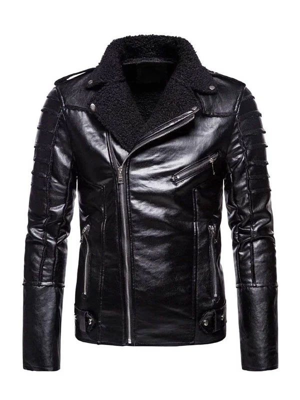 Men’s Lapel Shearling Collar Biker Leather Jacket