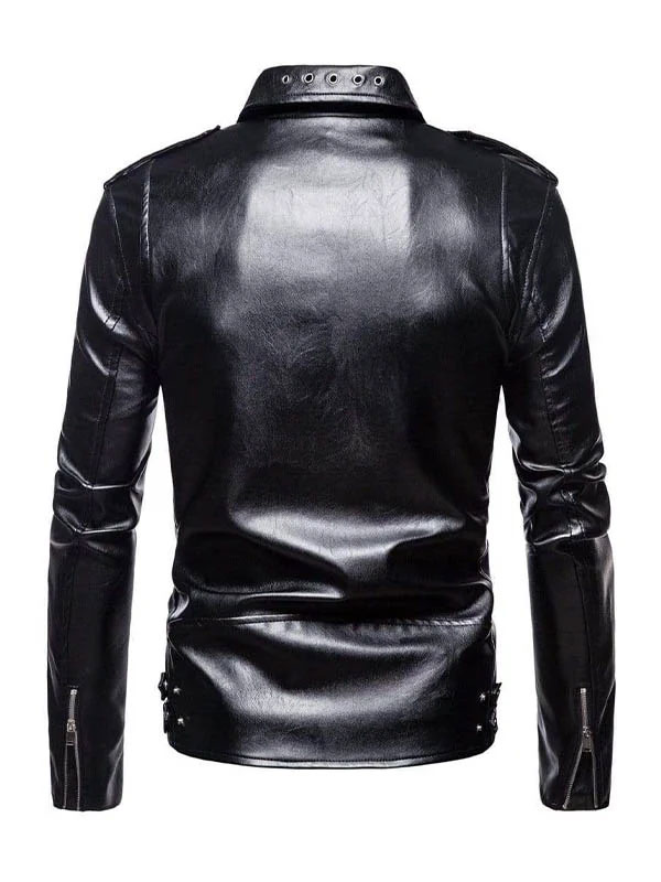 Men’s Slim Fit Black Biker Lapel Collar Leather Jacket