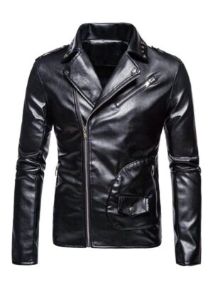 Men’s Slim Fit Black Biker Lapel Collar Leather Jacket