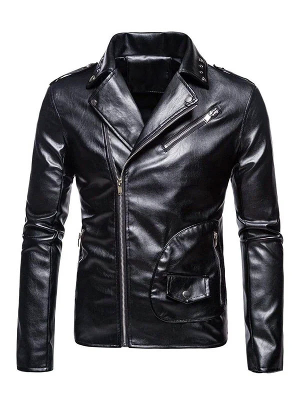 Men’s Slim Fit Black Biker Lapel Collar Leather Jacket
