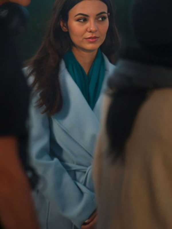 Victoria Justice 2024 Depravity Blue Belted Coat