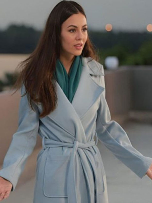 Victoria Justice 2024 Depravity Blue Belted Coat