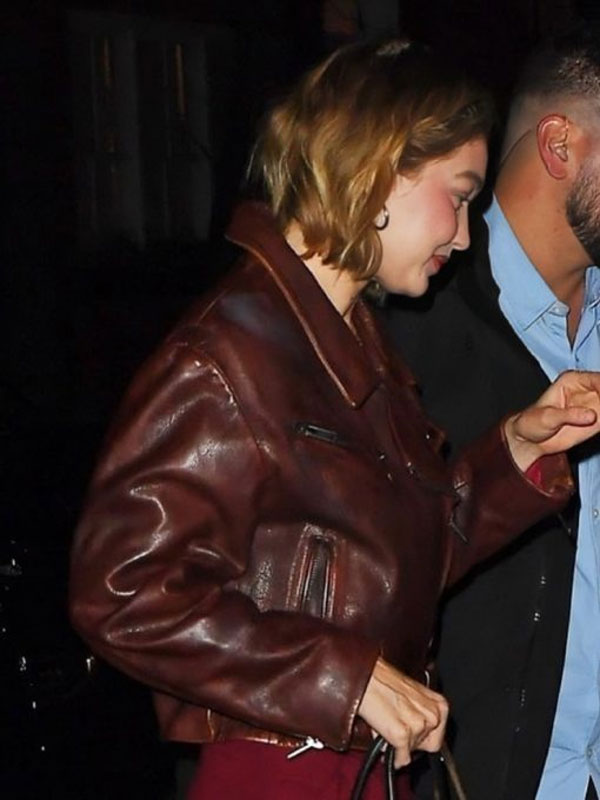 2024 Gigi Hadid NYC Girls Night Out Brown Leather Jacket