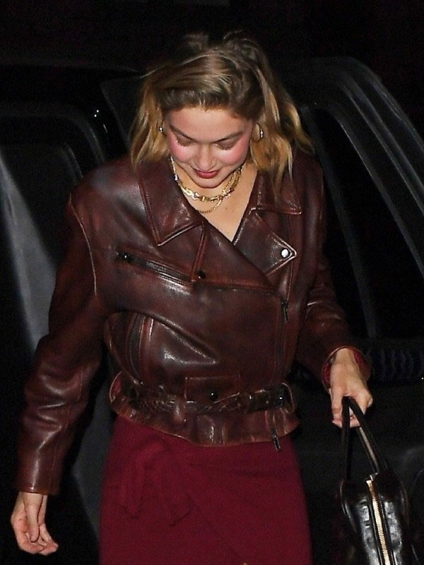 2024 Gigi Hadid NYC Girls Night Out Brown Leather Jacket