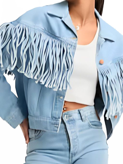2024 Landman Michelle Randolph Blue Denim Fringe Jacket