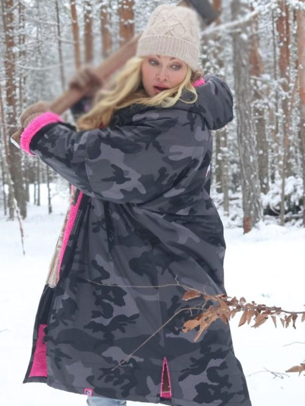 A European Christmas 2024 Caprice Bourret Black Hooded Camo Coat