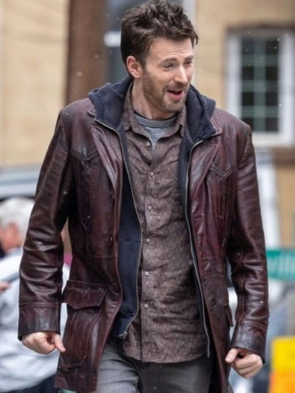 Chris Evans Red One Brown Leather Trench Jacket