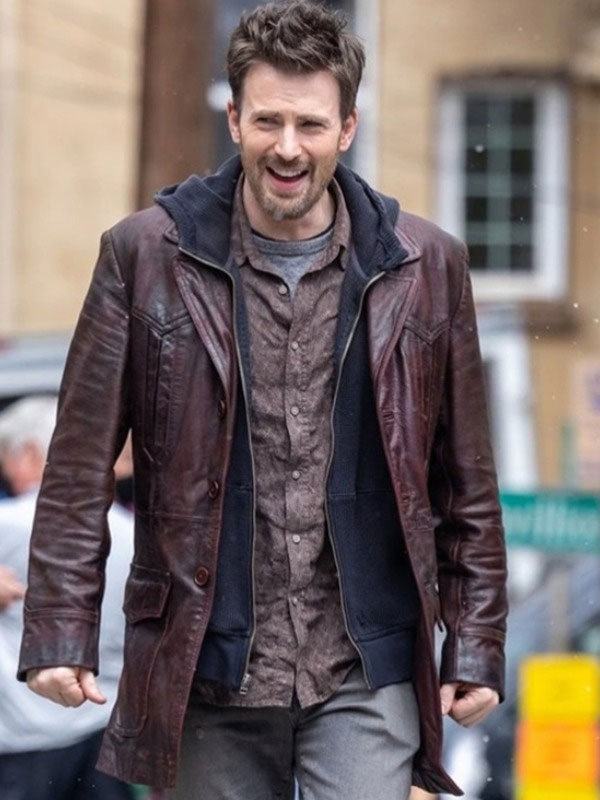 Chris Evans Red One Brown Leather Trench Jacket