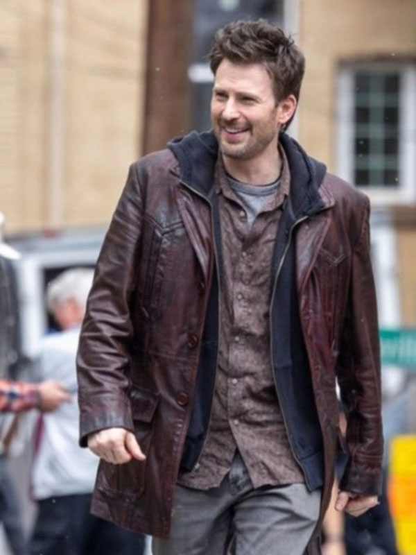 Chris Evans Red One Brown Leather Trench Jacket