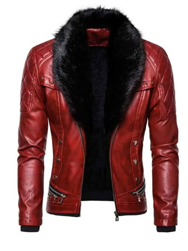 Seth Rollins Quilted Fur Collar Red Leather Zipper Jacket