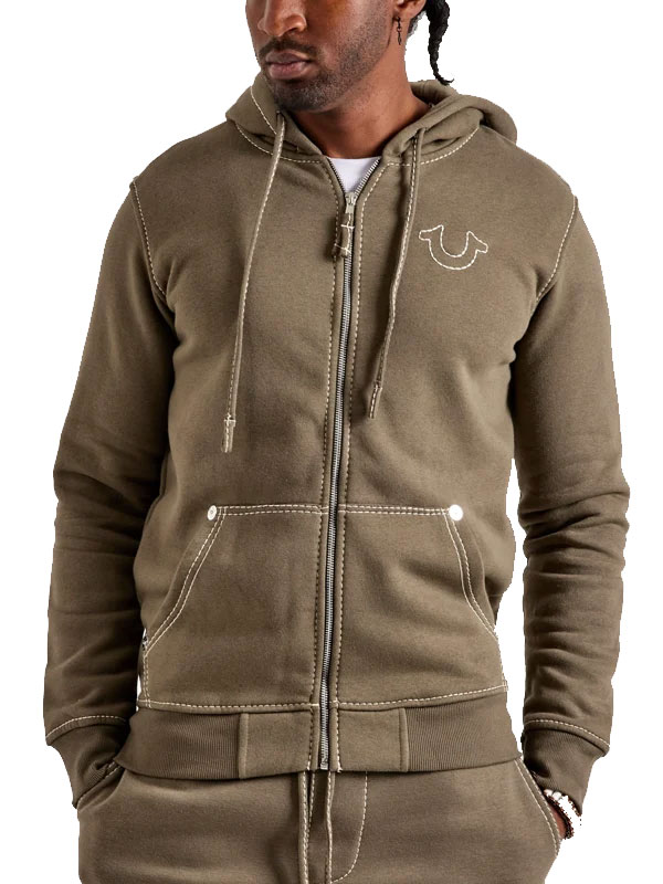 True Religion Big-T Olive Green Fleece Zipper Hoodie