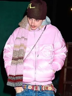 Timothee Chalamet Telfar Pink Puffer Jacket