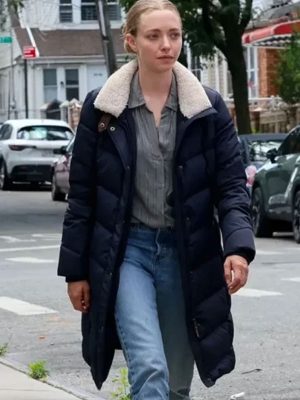 Amanda Seyfried Long Bright River 2025 Blue Puffer Coat