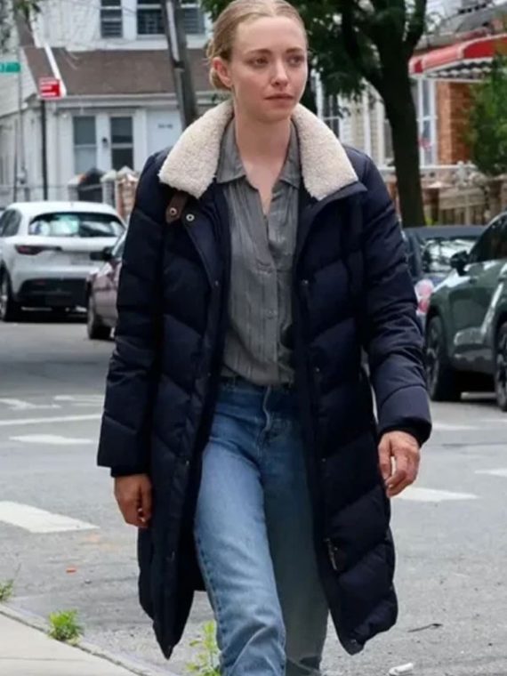 Amanda Seyfried Long Bright River 2025 Blue Puffer Coat