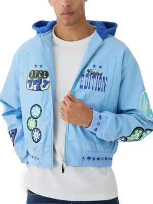 Boxy Casino Badge Blue Hooded Bomber Jacket