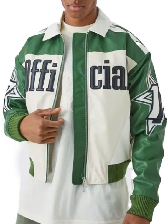 Boxy Fit PU Moto Collared Green White Bomber Jacket