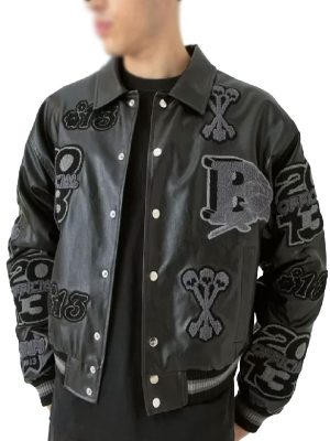 Boxy Pu Tonal Badge Black Varsity Jacket