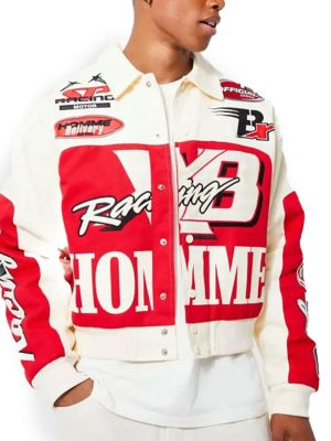 Boxy Twill Homme Moto Red White Bomber Jacket