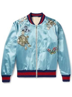 GUCCI Embroidered Silk Blue Satin Bomber Jacket