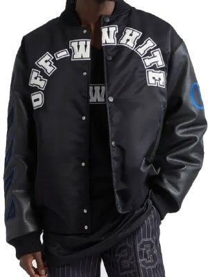Off White Nylon Satin Leather Black Varsity Jacket