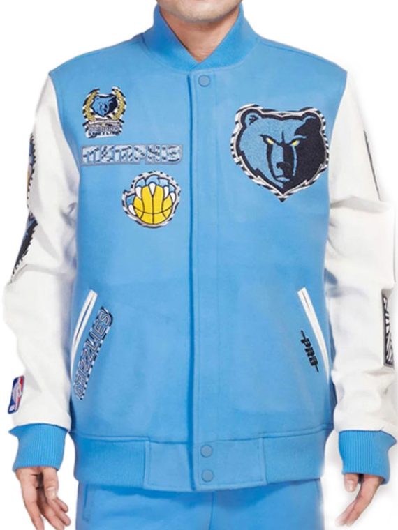 Memphis Grizzlies Animal Patches Blue White Varsity Jacket