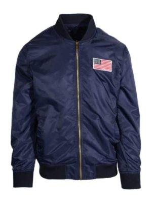 Patched American Flag Blue Bomber Jacket