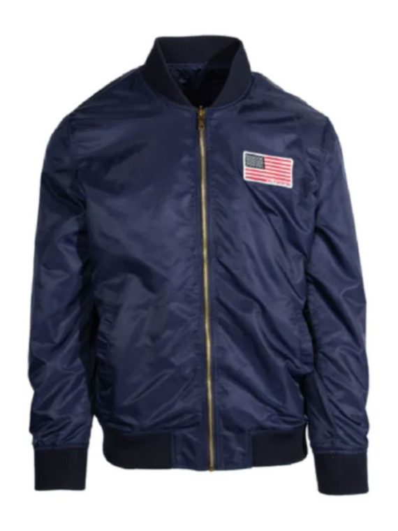 Patched American Flag Blue Bomber Jacket